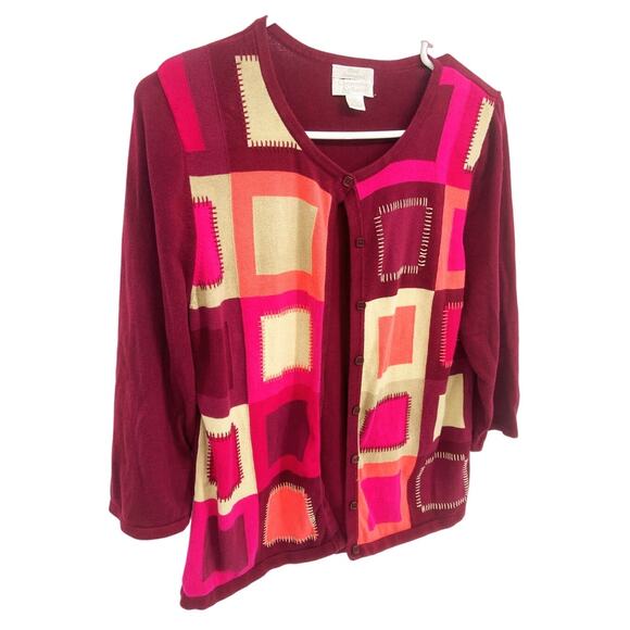 Christopher & Banks Maroon Multicolor Block Cardigan Sweater Grandmacore Size L - Picture 2 of 7